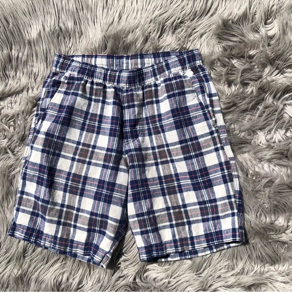 Uniqlo Linen Blend Woven Shorts in Blue, Cream, and Red Plaid, Size Small